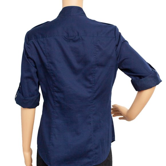 Vintage DVF Safari Blouse Navy Blue Cotton Button Down Top Size 10 - Picture 4 of 6